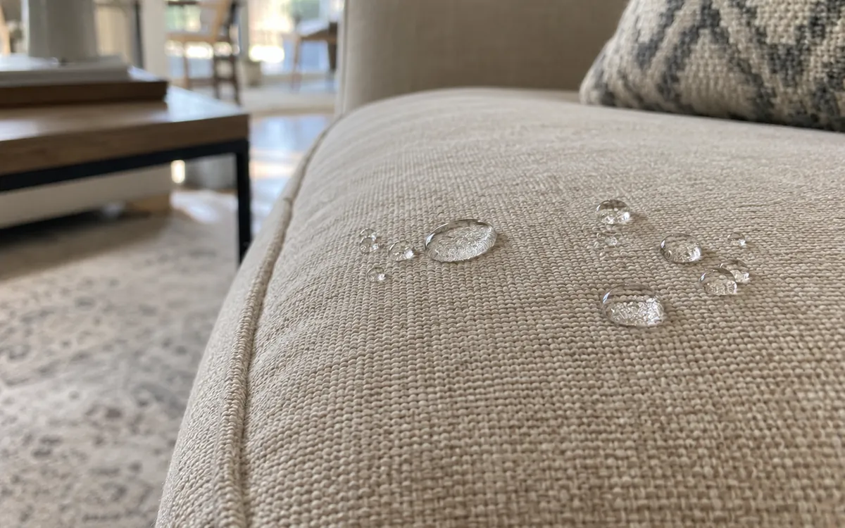 Gotas de água paradas sobre o tecido bege de um sofá impermeabilizado